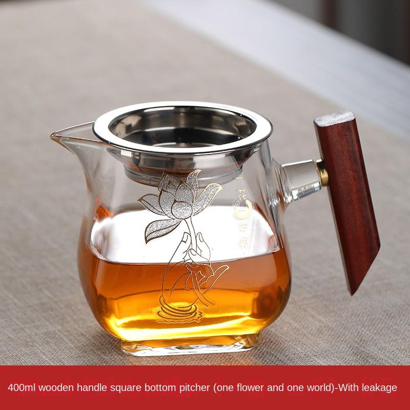 Tepelně odolná skleněná konvice Gongdao s tlustou dřevěnou rukojetí, nálevník, konvice na čaj v šálku, sítko na čaj, integrovaná sada, bar na konvici