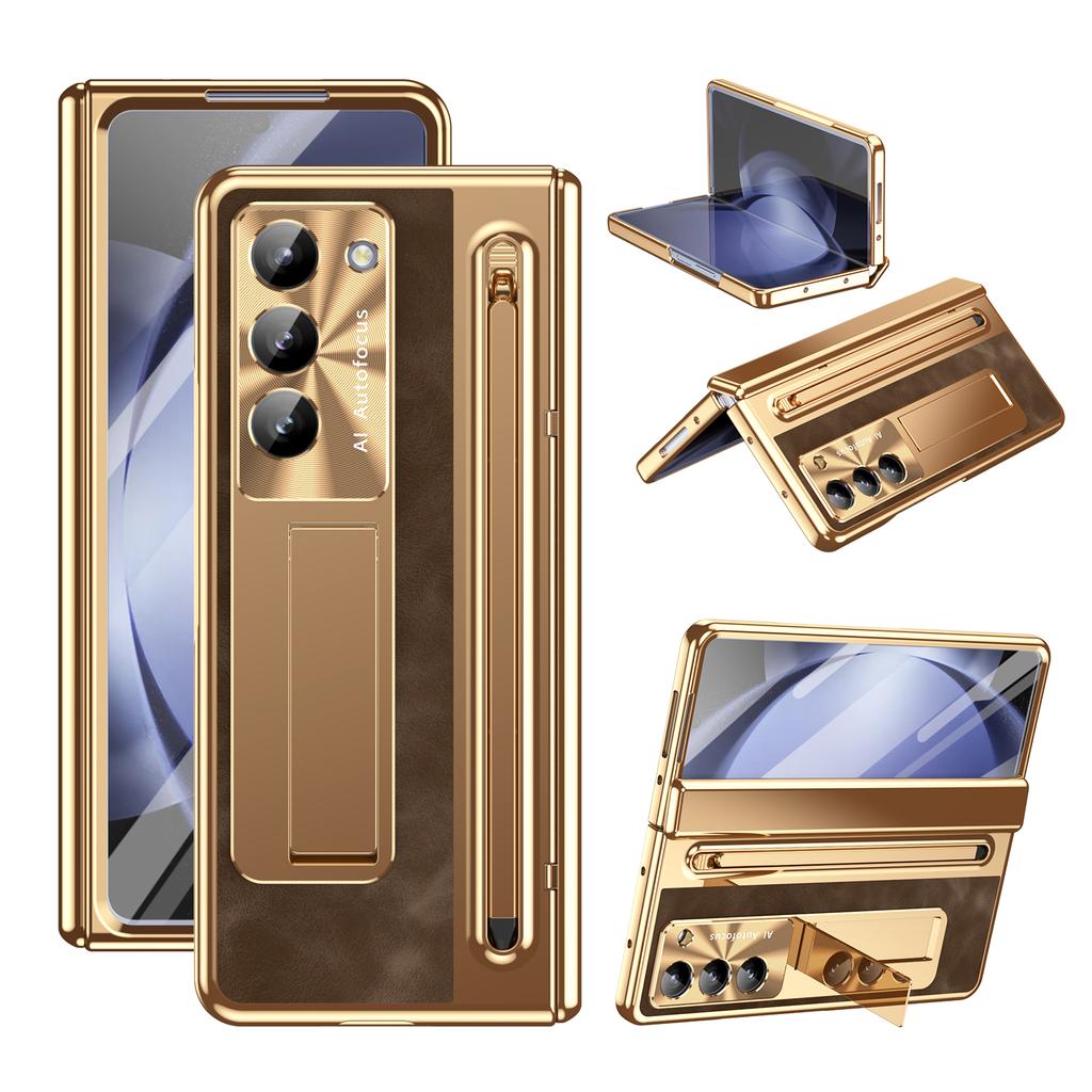 PU Leather Glass Film Pen Slot with Pen Stand Phone Case for Samsung Galaxy Z Fold 7 6 5 4 3 Fold6 Fold5 Hinge Protection Cover