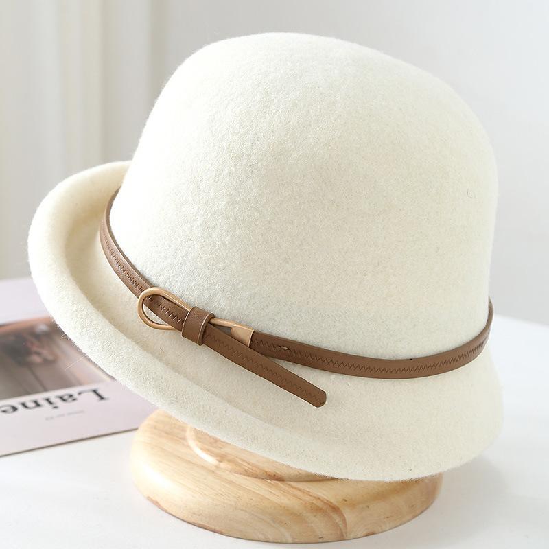 Autumn and winter new temperament elegant middle-aged and elderly bucket hat turned brim wool leather buckle basin hat fashionable and simple mother h