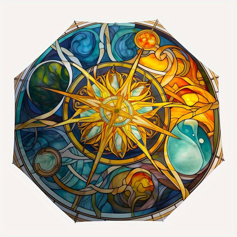 Stained Compass Rose Window ArtUmbrella, Portable 3-Fold Compact Umbrella for Men & Women Gift