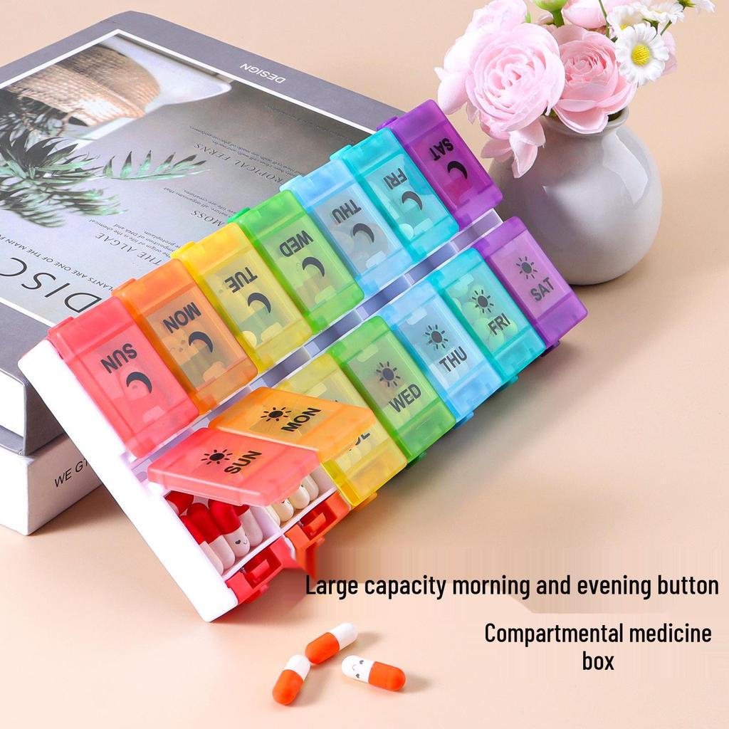 Portable 14-Grid Press-Type Weekly Pill Organizer Box