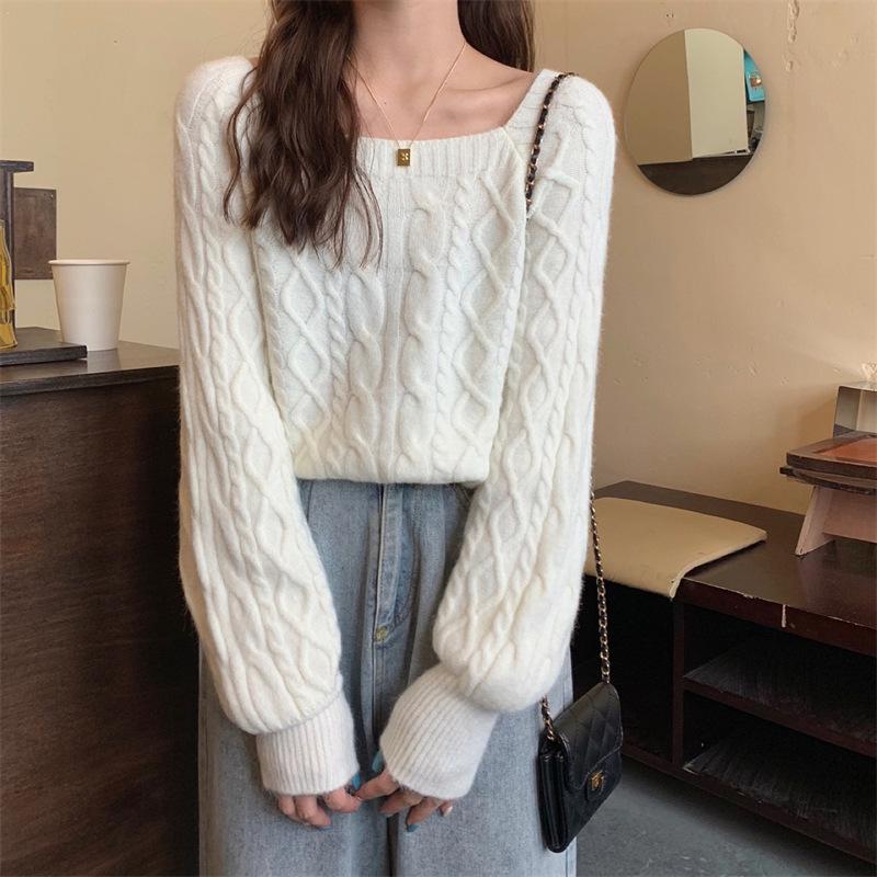 Korean Style Loose Square Neck Sweater - Women's Thick Cable Knit Waist-Slimming Top for Autumn/Winter