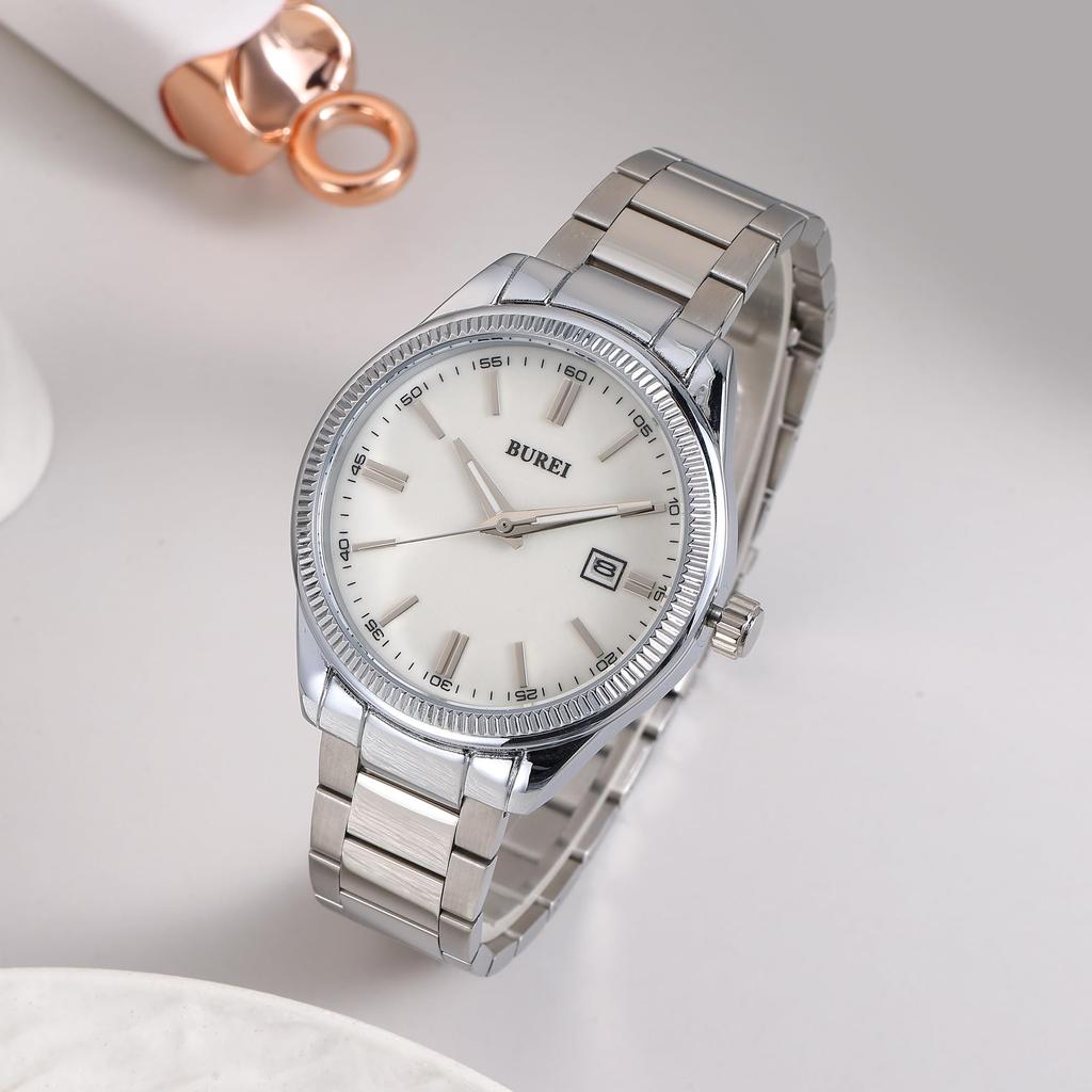 BUREI Analog Quartz Simple Date Stainless Popular Day Luxury Watch Men's Watch, Design, Display, Waterproof, Easy-to-Read Steel, Brand, Silver,