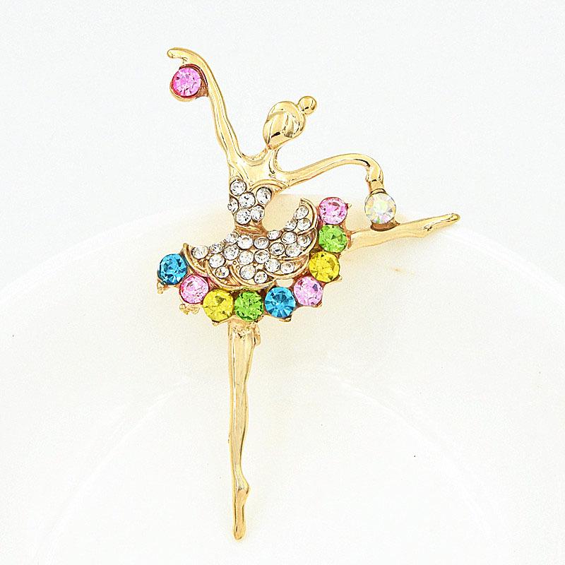 Gold-Plated Ballerina Brooch with Colorful Rhinestones