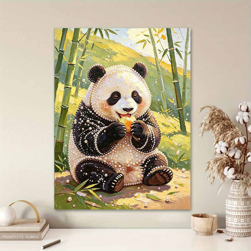 Cute Panda Eating Bamboo 5D Pearl Painting Kit with Frame DIY Sparkling Bead Canvas Art Relaxing Craft for Girls Room Decor Aesthetic