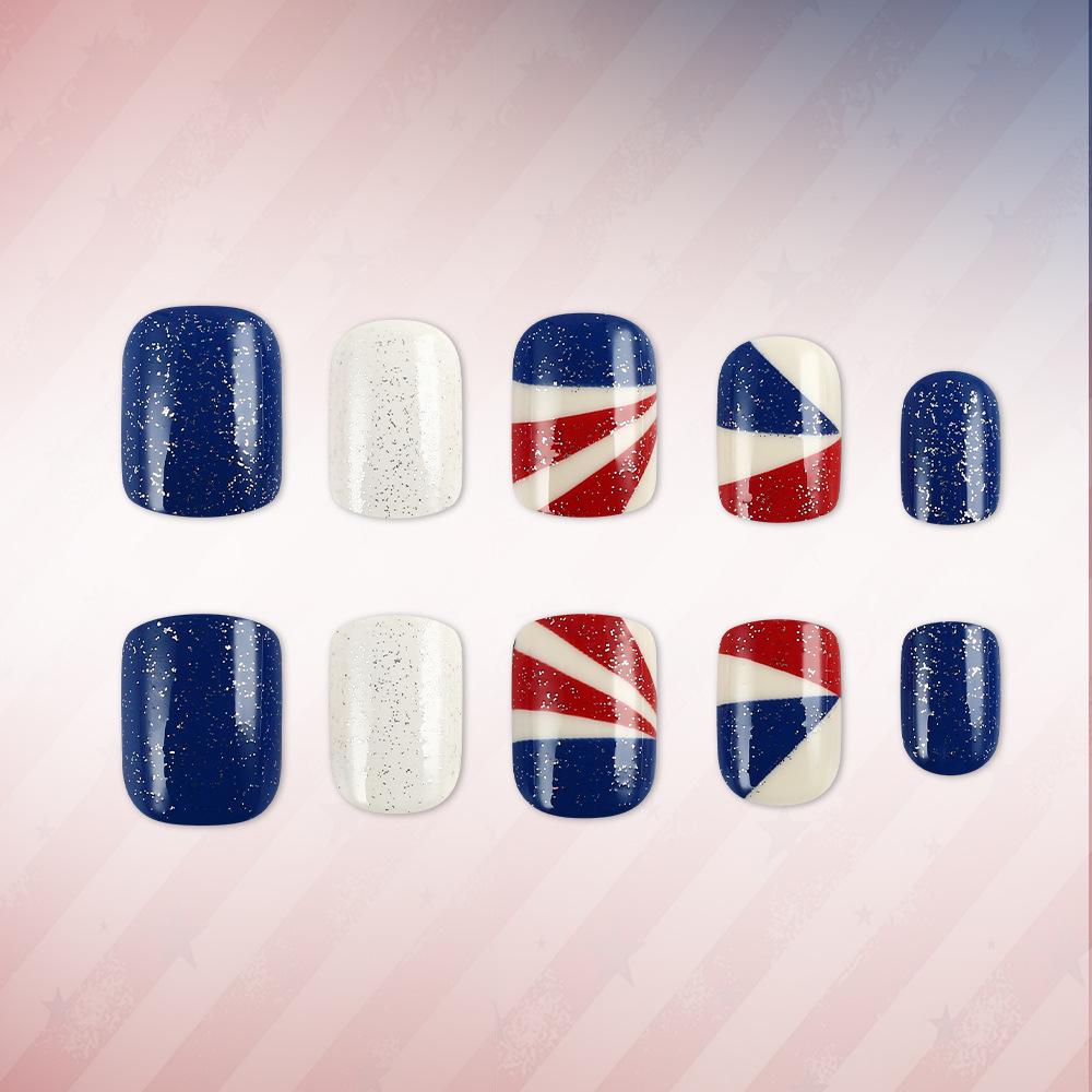 Independence Day Wearable Square Nails: Red, Blue, White Color Block with Stripes & Silver Glitter, European/American Style, 24-Piece Set