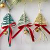 Hand-Woven Christmas Tree Ornaments Rustic Xmas Tree Shaped Handicrafts with Golden Cow Bell And Red Bow for Winter New Year Party Decorations
