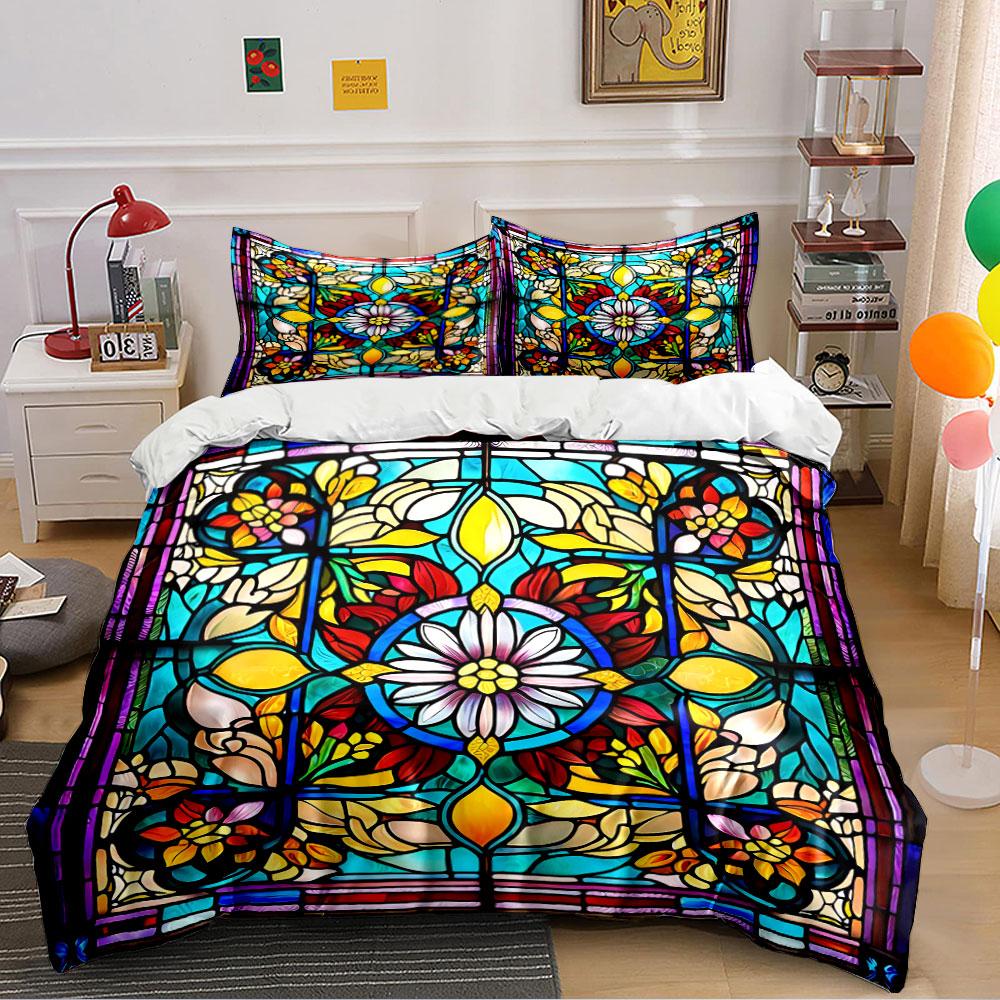 Floral Stained Glass Pattern Bedding Duvet Cover Set Duvet Cover Pillowcases (1*Duvet Cover 2*Pillowcases, without duvet insert)