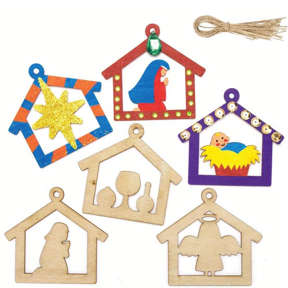 A Top Quality Jesus Manger Wooden Hanging Pendants House Shape Christmas Tree Decorations Religious Wood Gifts for Home Cafe