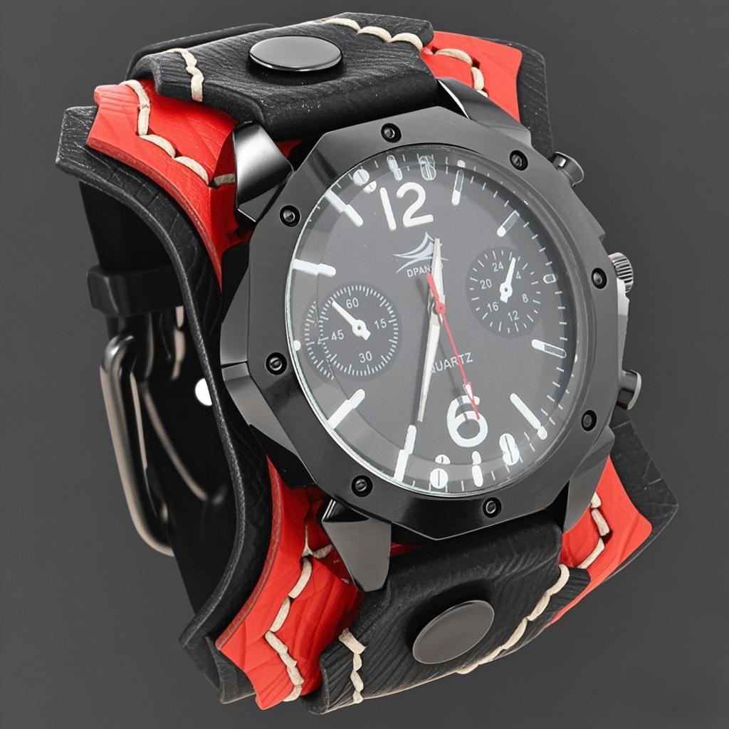 Men'S Punk Rock Style Large Dial Quartz Watch Vintage Multi Layer Hand Stitched Cowhide Strap
