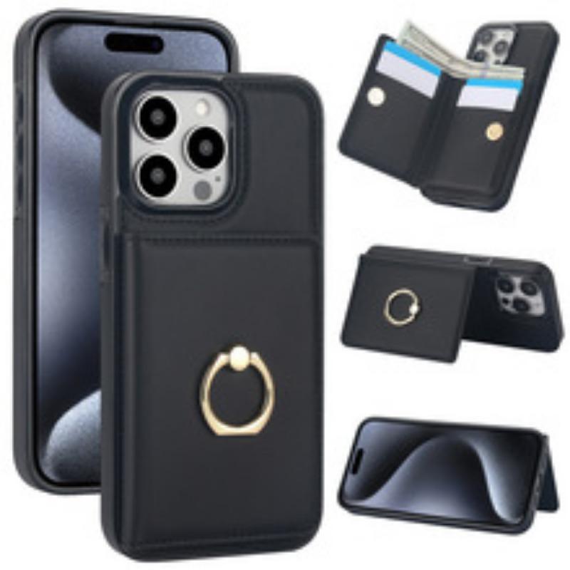 Suitable for Phone17  multiple phone models, Crazy Horse pattern double buckle phone leather case, Apple 16e/15 card insertion sticker protective case