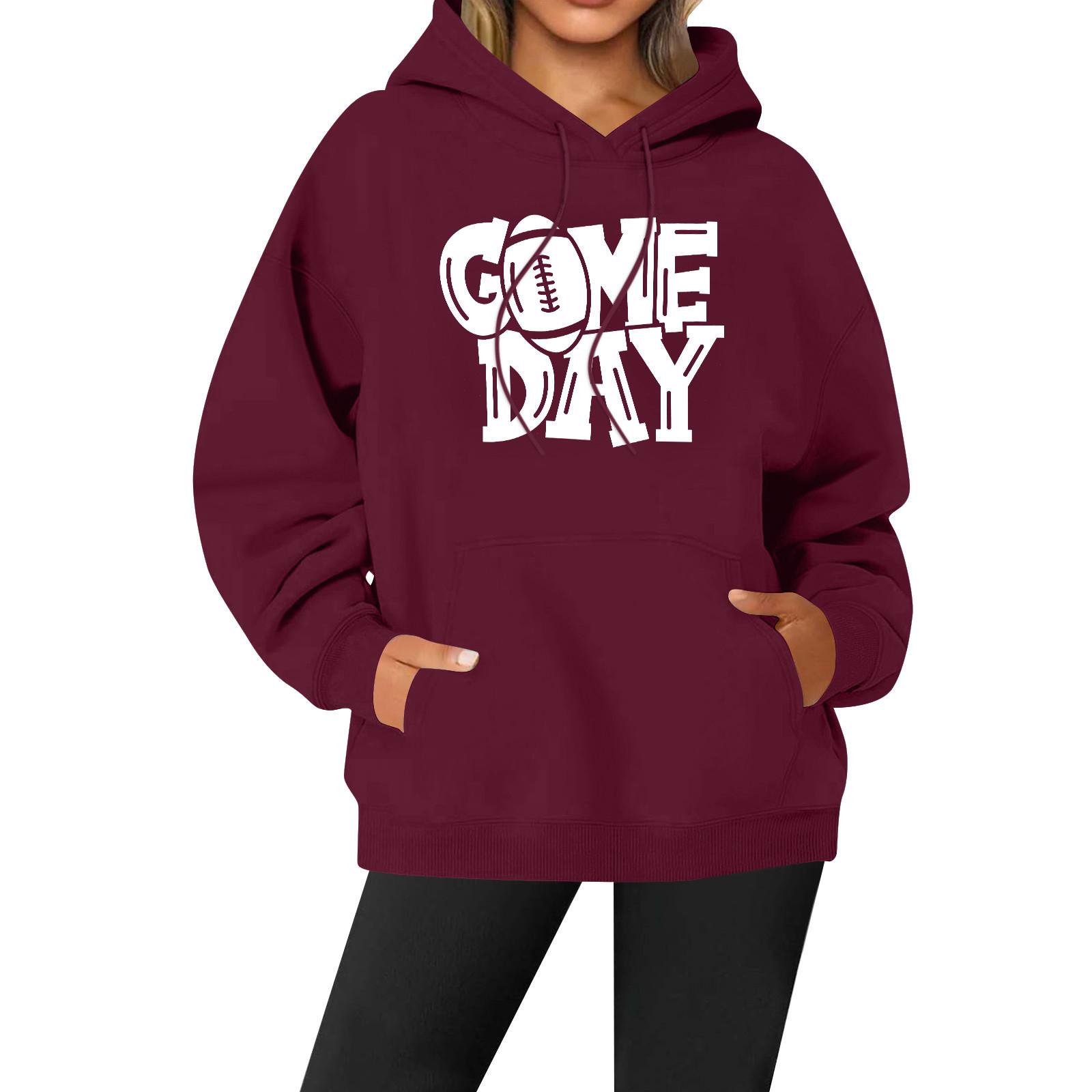 

Женская повседневная модная однотонная толстовка с капюшоном и принтом регби с длинными рукавами XL винный