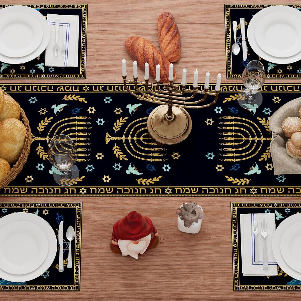 XCHI Chanukah Menorah Olive Leaf Doves Six-Pointed Star Hanukkah Table Runner Table Decoration for Party Home Kitchen Dining Holiday Decor 13x72 Inch