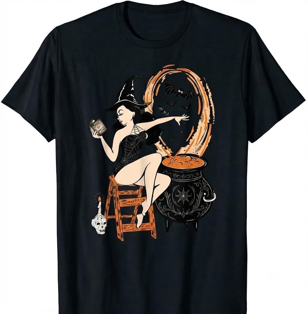 Witch Pin-Up Halloween Festive Fun Graphic Black T-Shirt, Idea Gift