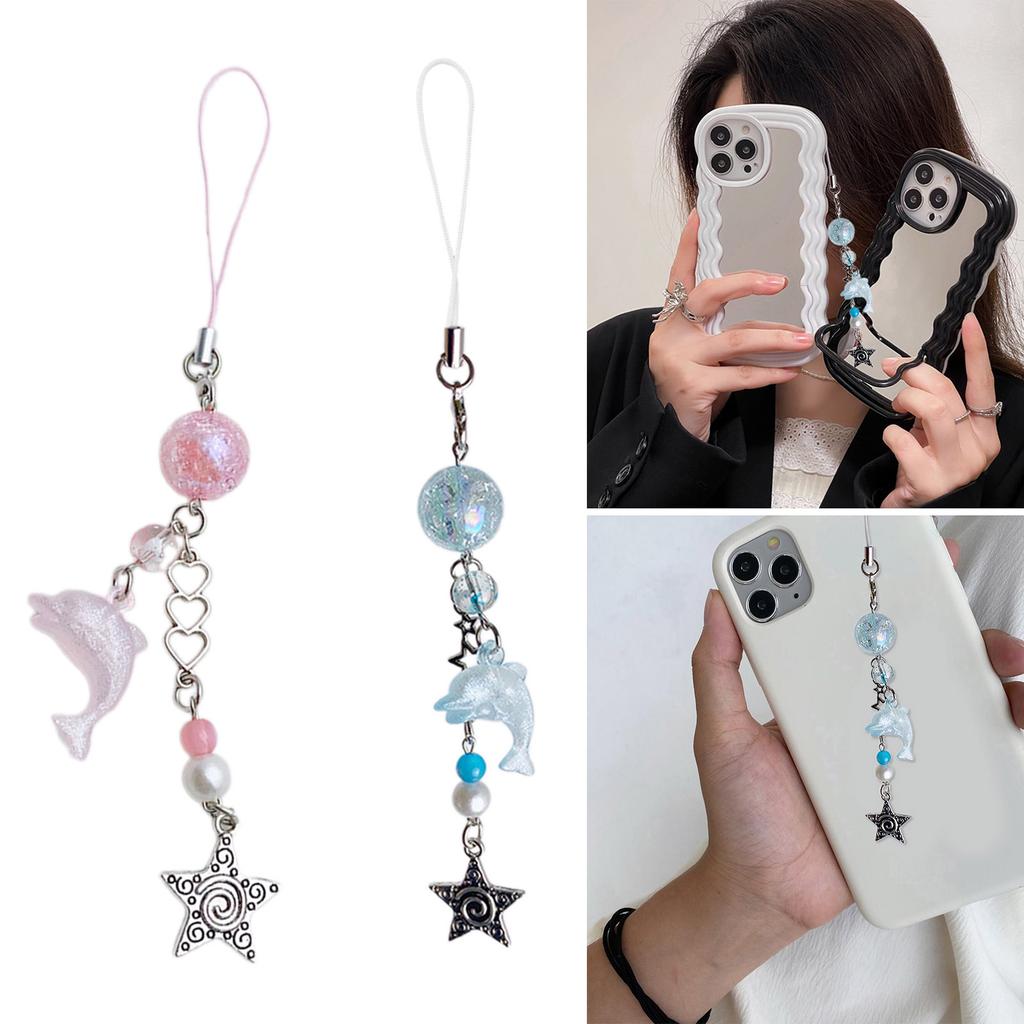 Cute Dolphin Beaded Pendant Cellphone Charm Phone Chain Functional Keychain Ornament Keyring for Bag Purse Backpack