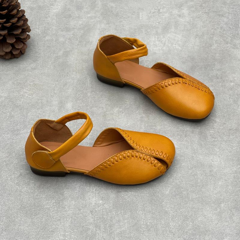 Johnature Retro Handmade Genuine Leather Sandals Hollow-out Soft Sole Round Toe Women's Shoes