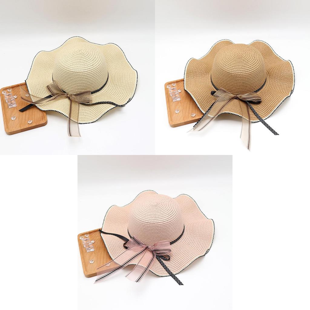 Stylish Polka Dot Straw Sun Hat With Wave Brim And Bow For Women Perfect For Beach And Outdoor Activities