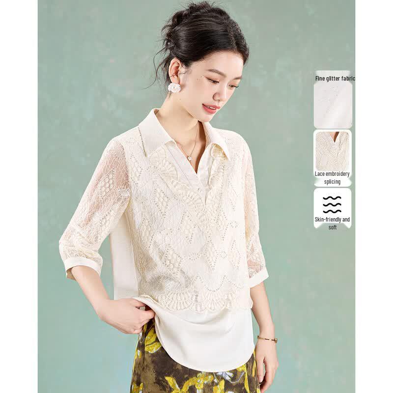 Elegant Lace Patchwork Sequin Lapel 3/4 Sleeve Blouse S