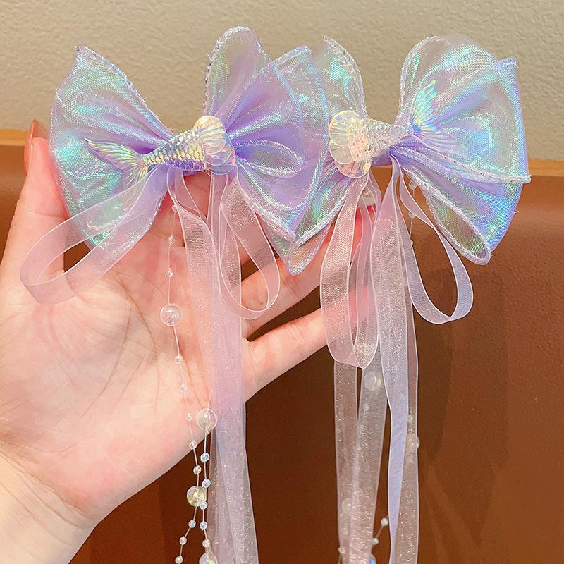 Children Cute Baby Mermaid Princess Pearl Fringe Bow Forehead Chain Hairpin Fairy Hair Accessories Hair Clip