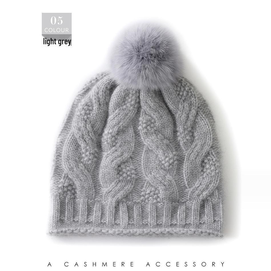 Women's Cable Knit Cashmere Beanie with Fox Fur Pom Pom - Thickened, Warm, and Casual Winter Ear Protection Hat