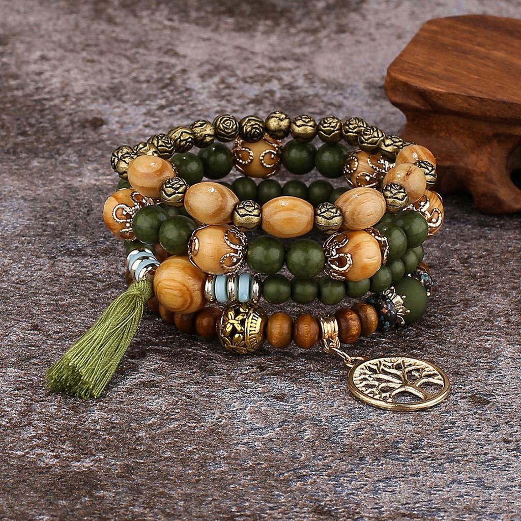 Bohemian Multi-Layer Wooden Bead Beaded Bracelet Elastic Bracelet Jewelry Fringe
