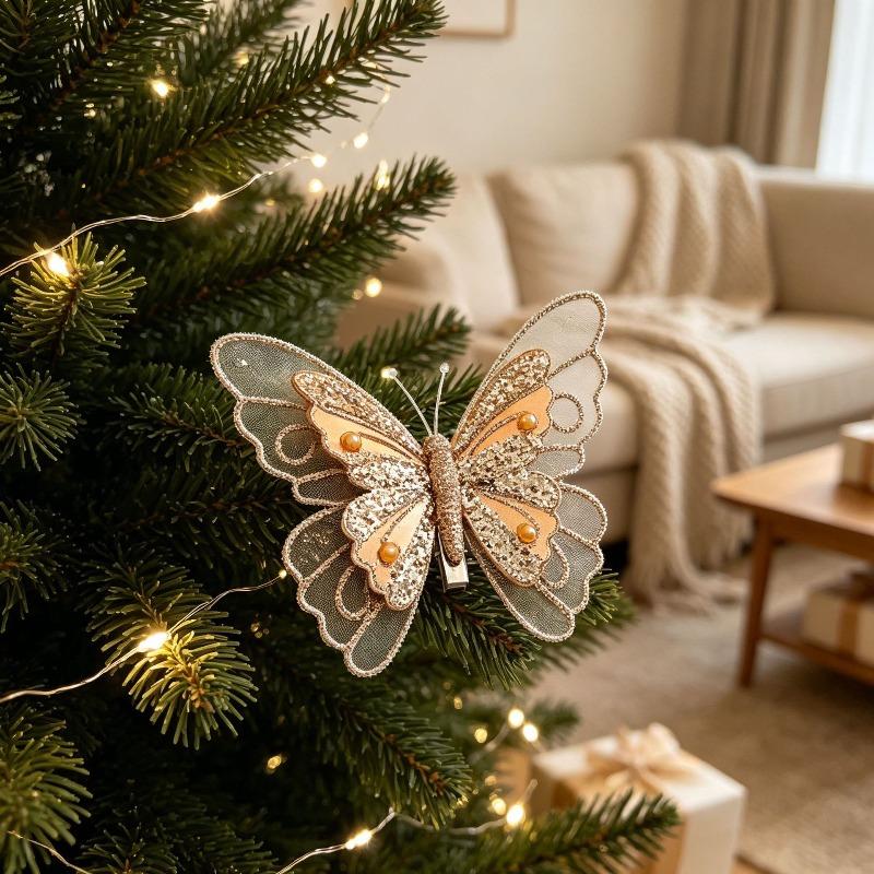 Christmas Decoration Item - Realistic Glittering Powder Butterfly Christmas Tree Ornament - Christmas Atmosphere Setting - Realistic Butterfly