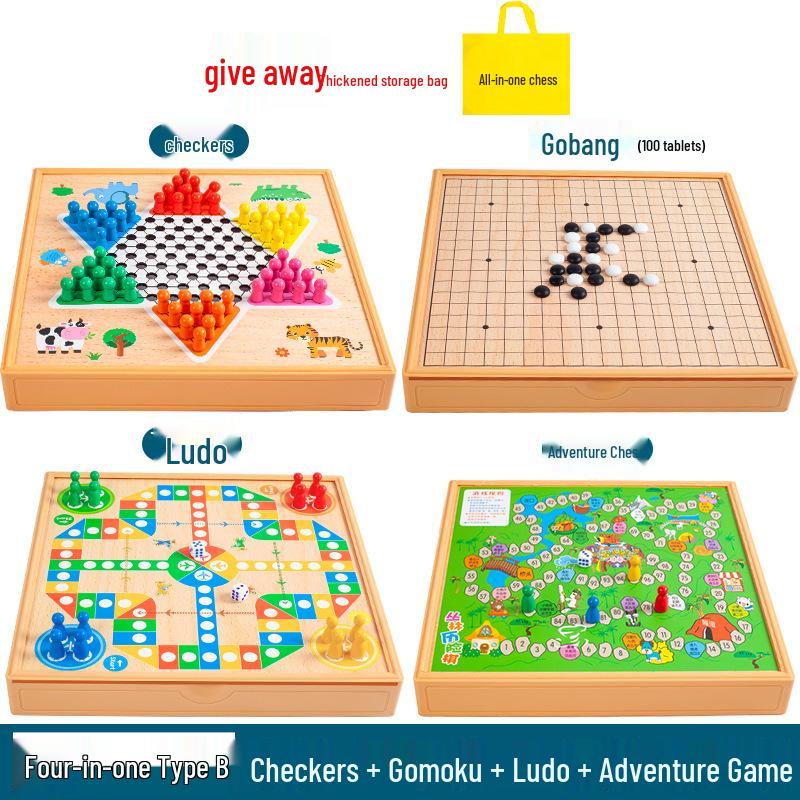 Multi-game Board Set: Ludo, Five-in-a-Row, Chinese Chess, Checkers, Animal Adventure, Kids' Chess