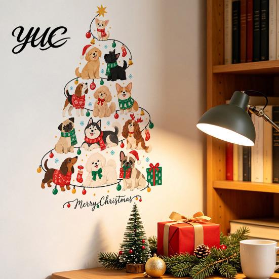 Bedroom Wall Stickers Christmas Tree Shape with Xmas Elements/Puppy/Kitten Patterns, Self-Adhesive PVC Decals, Decorative Decor Removable Art