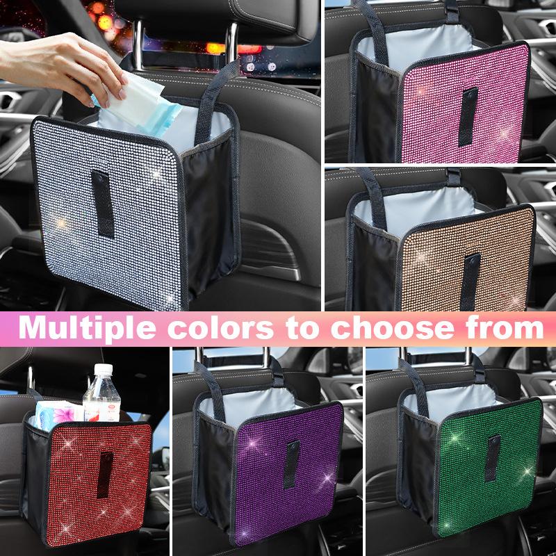 Bling Collapsible Car Trash Can Large Capacity Seat Back Hanging Garbage Storage Bag Organizer For Women Interior Accessories