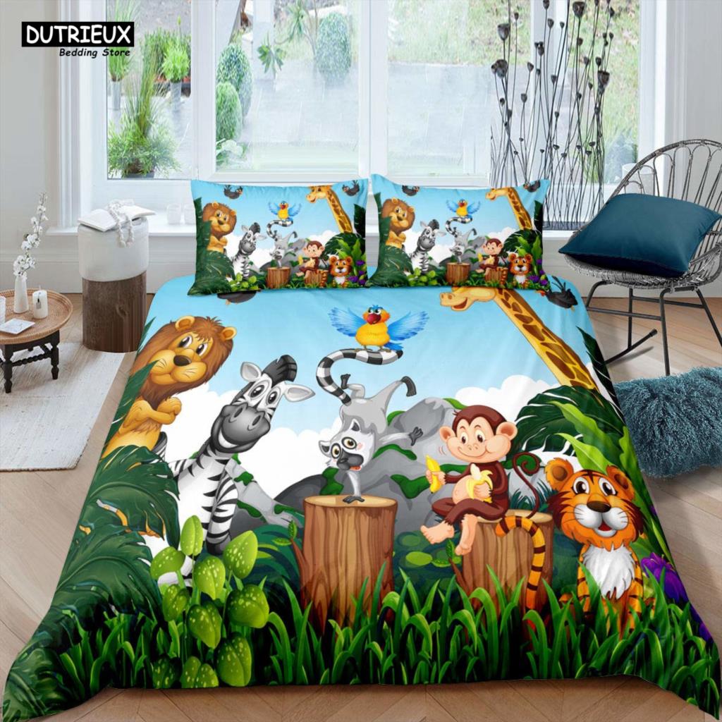 Elephant Comforter Cover Cute Cartoon Animal Paradise Bedding Set Boys Girls Kids 3D Animal World Queen Polyester Duvet Cover