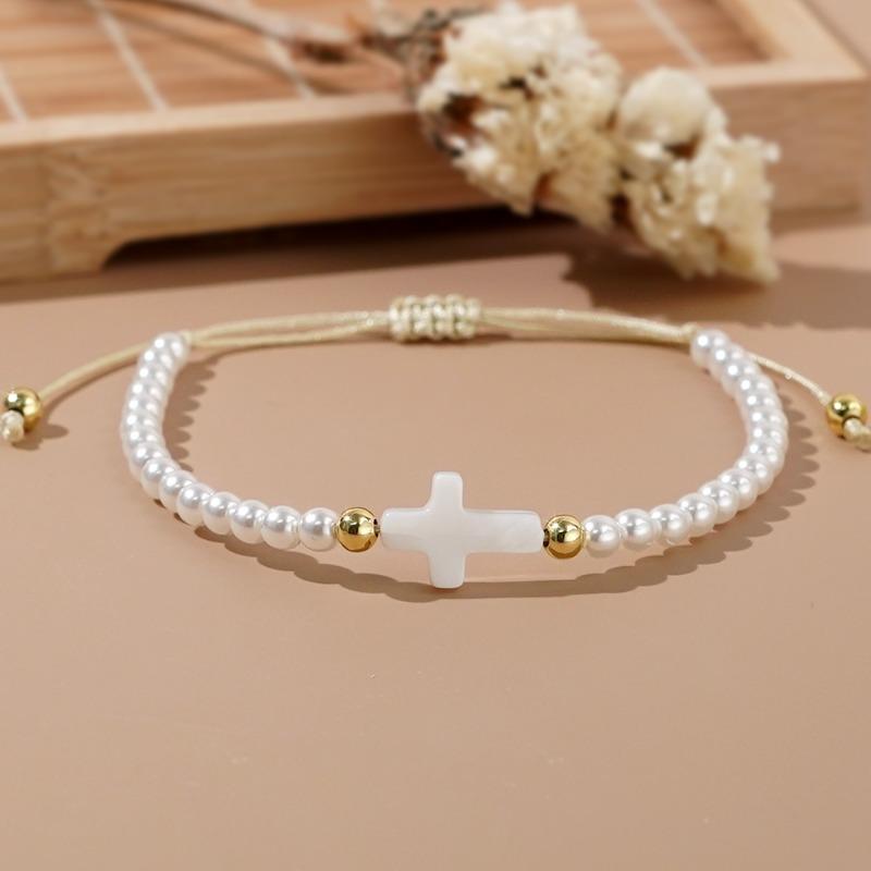Women's Handmade Woven Bracelet, Bohemian Style, White Faux Pearl Cross Charm, Adjustable Bracelet