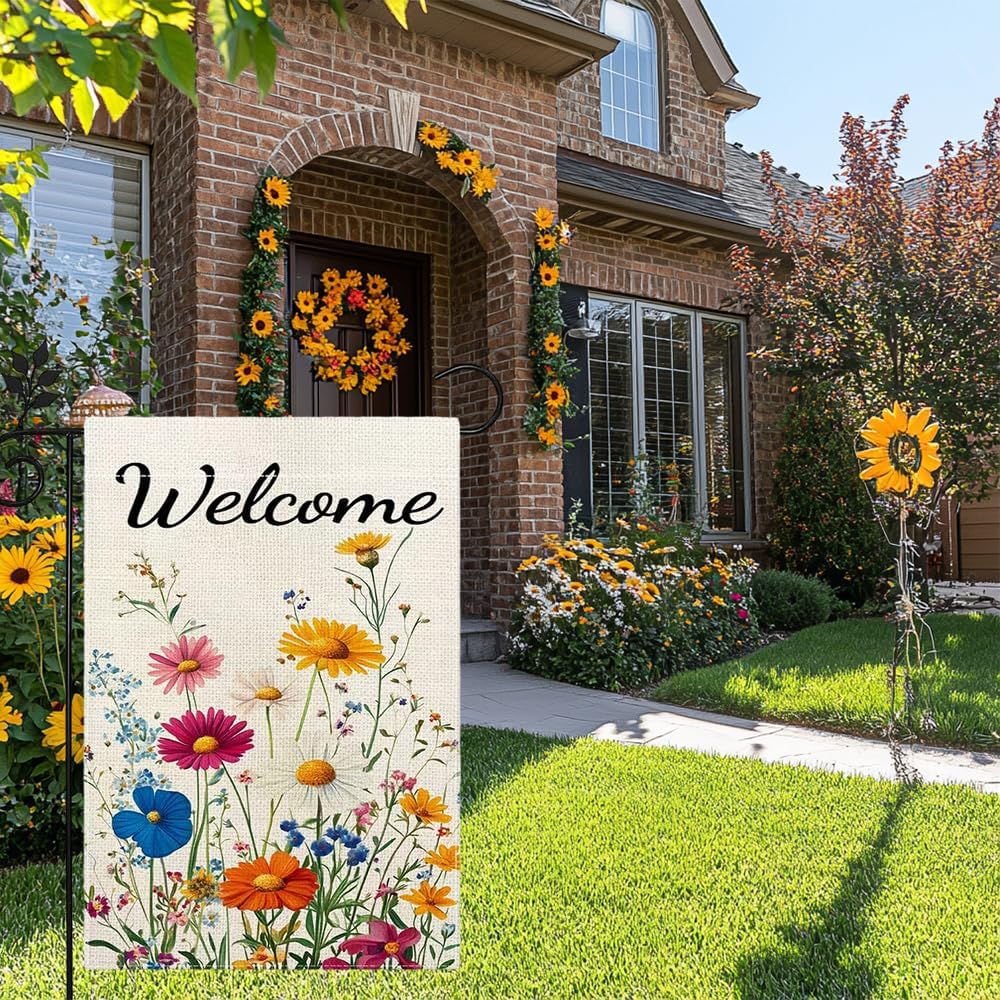 Spring Summer Daisy Garden Flag 12x18 Inch Double Sided, Colorful Floral Yard Decor, Welcome Farmhouse Outdoor Flag for Lawn