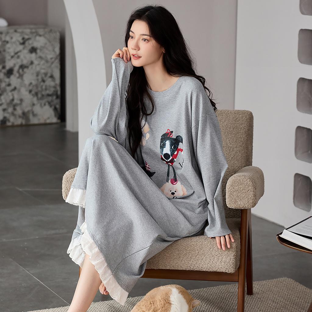 Nachthemd Damen Frühling und Herbst Reine Baumwolle Langärmelig Mittel und Lang Locker, Süß und Hochwertig Lässig Kann Draußen Getragen Werden Loungewear