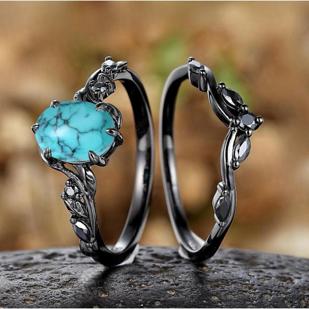 Luxury European and American New RING Alloy Inlaid Turquoise Ring, Electroplated Gun Black Women's Engagement Ring