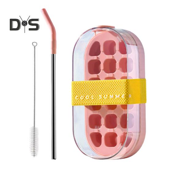 Eiswürfelschale für Wasserflaschen mit Strohhalm, Ein-Klick-Entriegelung, 2-in-1-Eiswürfelform und Wasserkocher, tragbare Wasserflasche, vertikale Eiswürfelschale für den Gefrierschrank