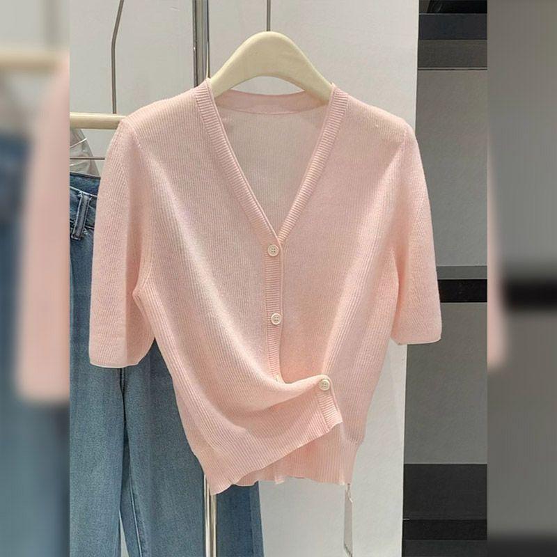 

Womens Solid Color V-Neck Short Sleeve Button-Down Knit Cardigan M розовый