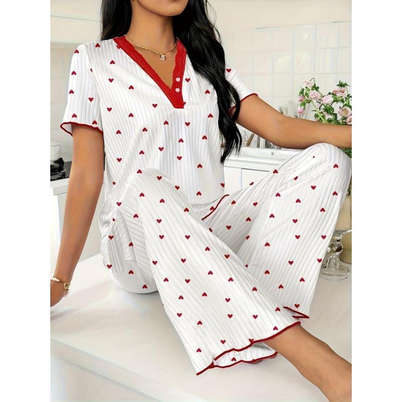 [Elegant Pajama] Comfy Elegant Women's Pajama Set | V-Neck Lace Trim, Short Sleeve Top & Long Pants, Red & White Cherry Print, Loungewear