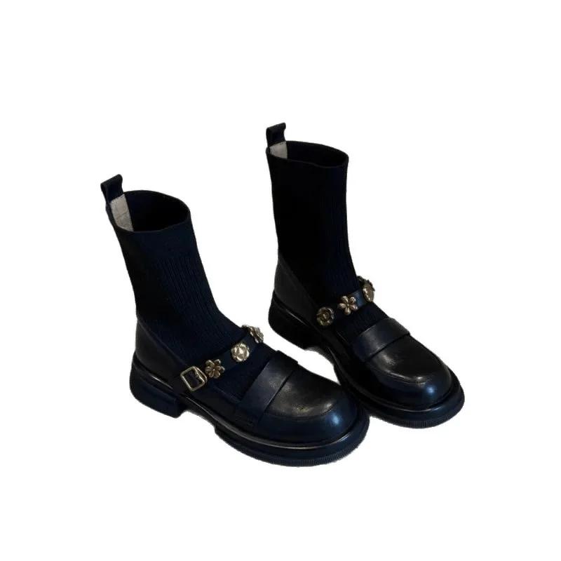 Fashion Elastic Knitted Short Boots Women's Round Toe Thick Bottom Metal Buckle Retro College Style Autumn Winter Fashion Casual Boots
