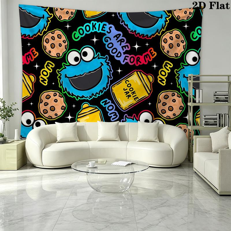 Cookie Monster Cartoon Wall Tapestry Aesthetic Wall Hanging Printed Fabric Blanket Decorative Tapestries for Bedroom Living Room Home Decor