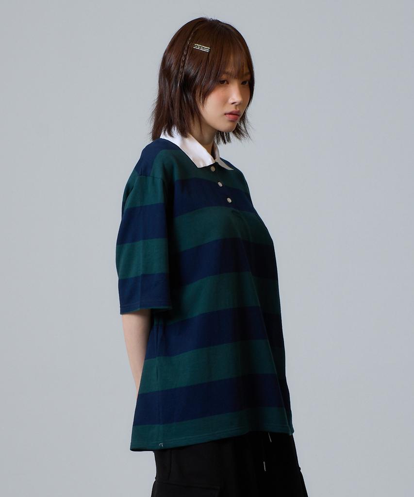 UNKNOWN PLANET Striped Rugby Collared Short Sleeve Shirt Green
