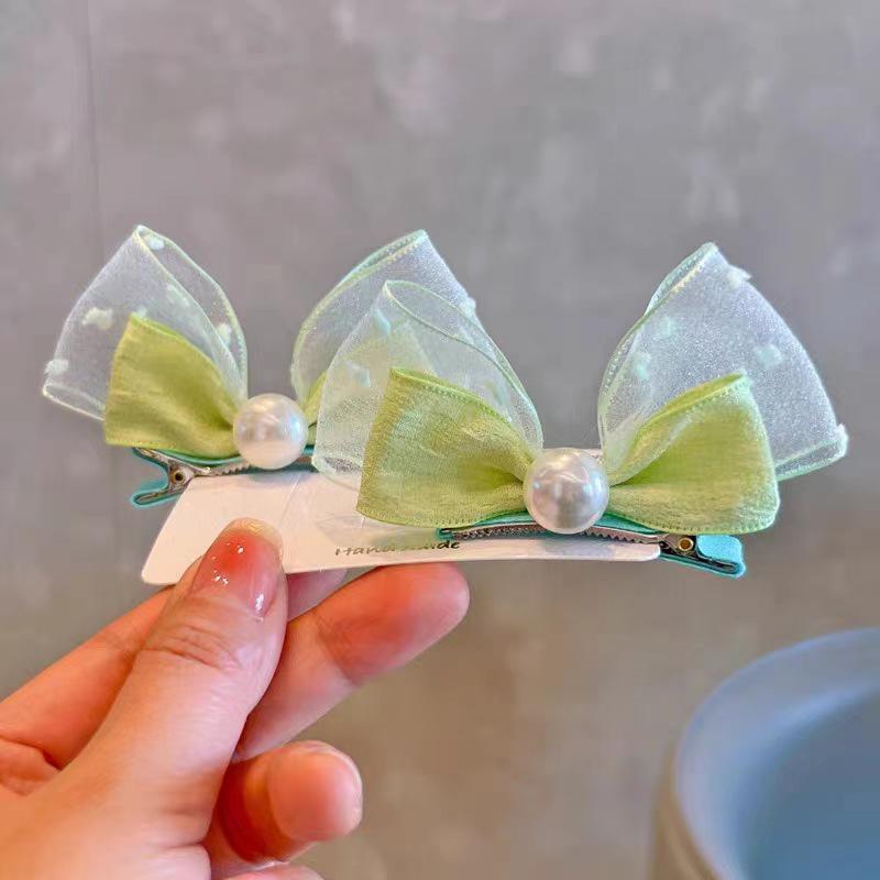 Korean Style Pearl Bow Mesh Hair Clips for Girls