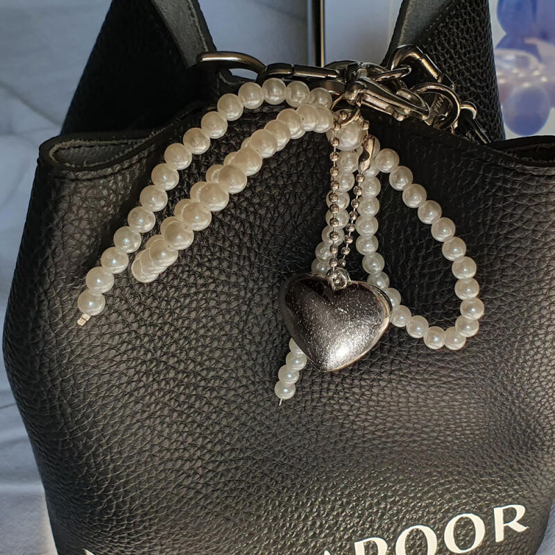 Pearl Heart Ribbon Silver Metal Keychain