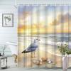 Ocean Scenery Shower Curtain - Sunset Beach Watercolor, Seagulls & Shells, Natural Landscape, Polyester Fabric,Includes 12 Hooks