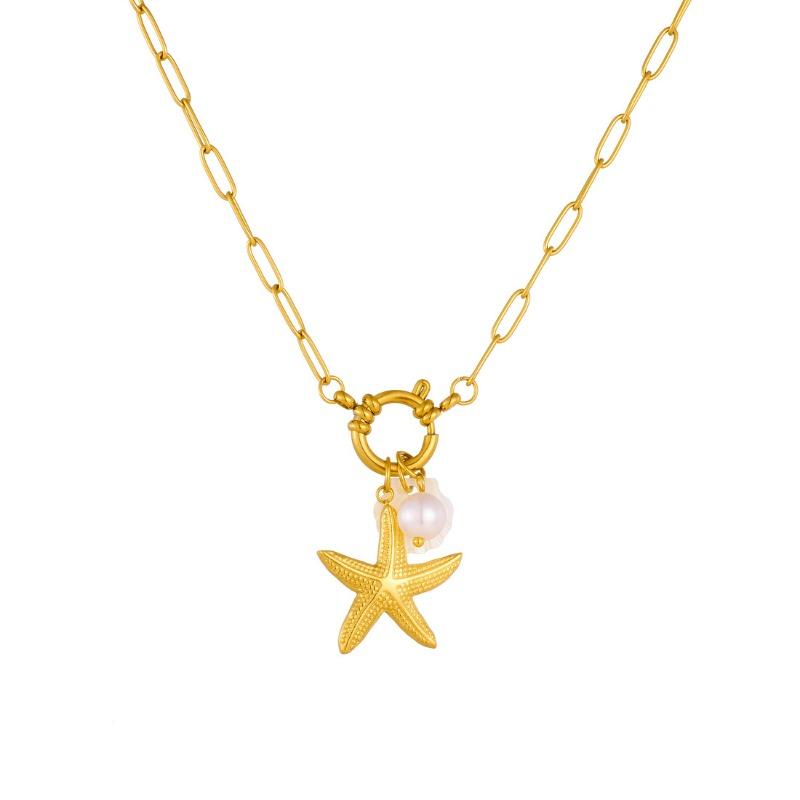 18K Gold Plated Starfish Shell Pearl Paperclip Chain Necklace, Boho Beach Pendant Necklace for Women, Summer Jewelry