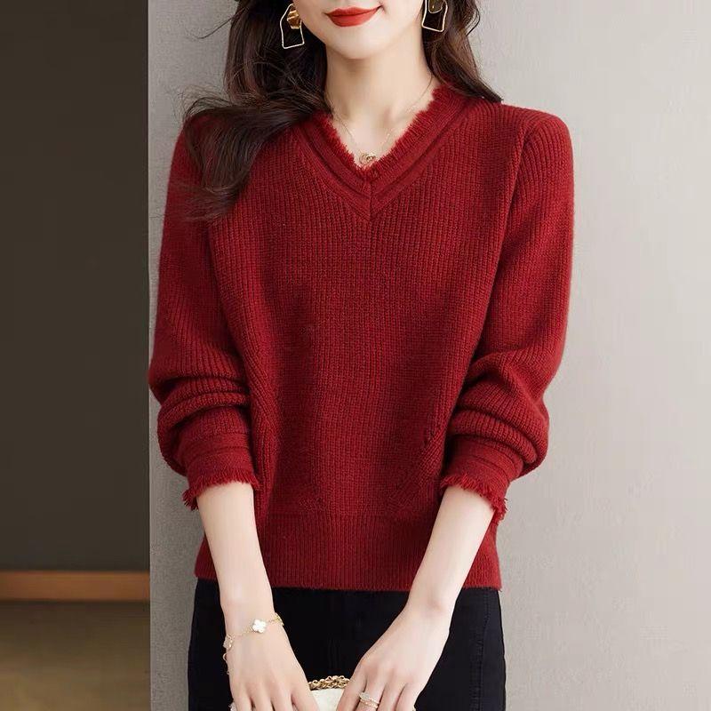 

Осенне-зимний женский вязаный свитер с V-образным вырезом, пуловер с длинными рукавами, вязаный базовый свитер 2XL
