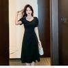New Elegant Pleated Mid Length Dress Square Neckline with Puff Sleeves A Line Dress Waist Cinching Flowing Casual Dress Suitable for Workplace Office