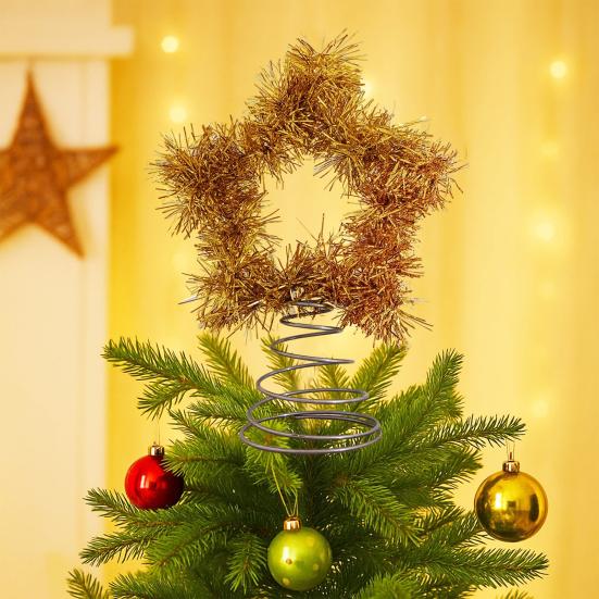 Tinsel Fringe Christmas Tree Topper Metallic Golden Star/Moon/Heart Christmas Treetop Ornament for Xmas Tree Decoration Holiday Party Supplies