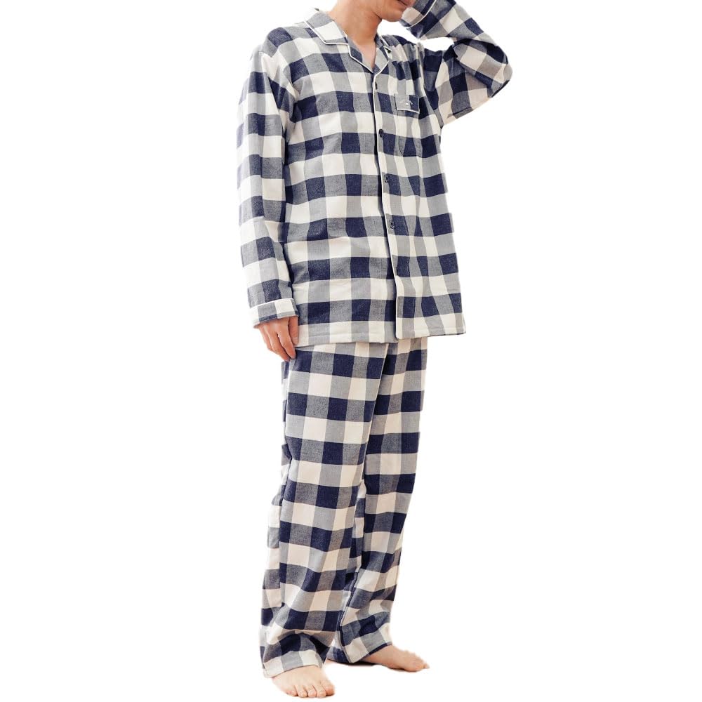 Kodawari Anminkan Men’s Imabari Cotton Pajamas, Long-Sleeve Top and Pants, Large Check, L