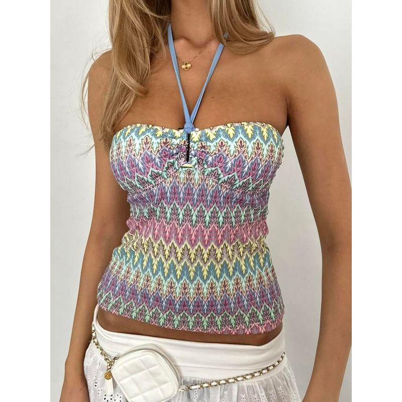 H Home European and American Women's Clothing Bohemia Retro Color Stripes Woven Halter Spaghetti Straps Niche Style Hollow Sexy Tube Top