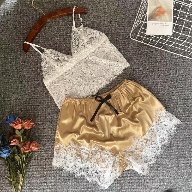 Women's Lace Pajama Set Export Sexy Elegant Pullover Lace Sleeveless Lace Suspenders Pajamas